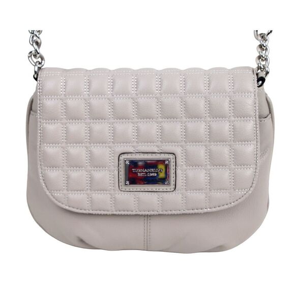 Tignanello STITCHED BEIGE GENUINE LEATHER FLAP CHAIN X-BODY SHOULDER BAG HANDBAG - Picture 1 of 15